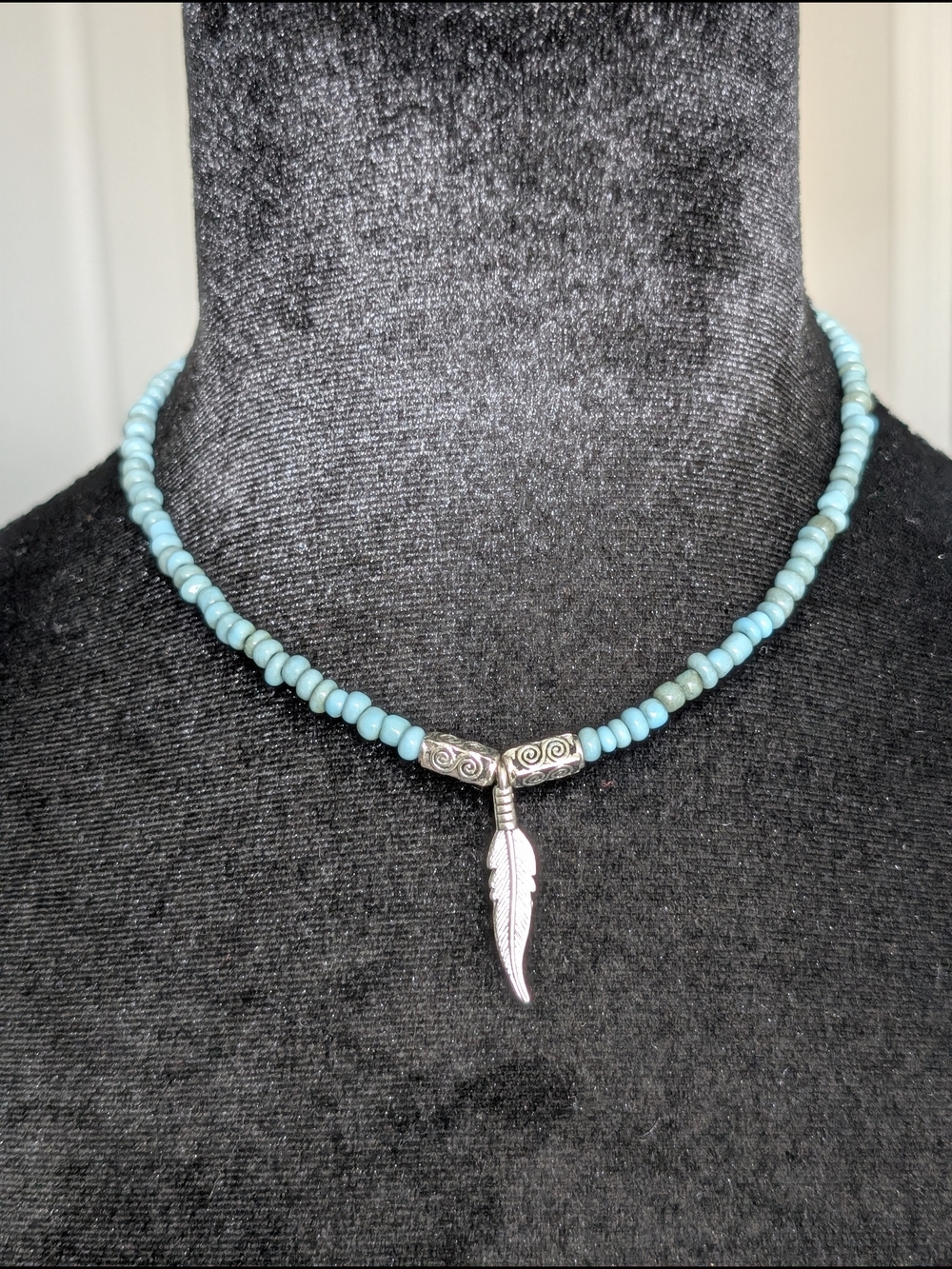 Turquoise Bead Choker Necklace with Silver Feather Pendant - Women's Jewelry